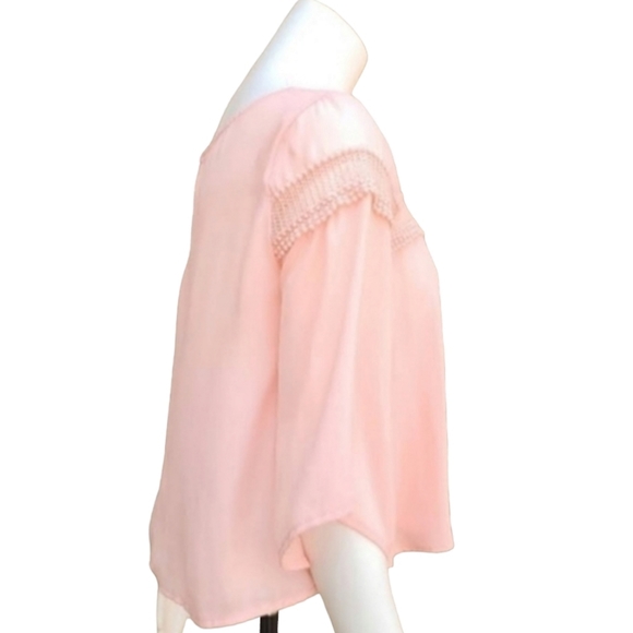 LUSH NORDSTROM Pink Chiffon Crop Top M Blouse Tapered Bell Sleeve Embroidered - Picture 5 of 14